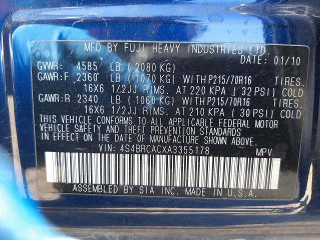 2010 SUBARU OUTBACK 2. 4S4BRCACXA3355178