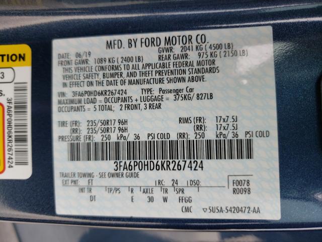 2019 FORD FUSION SE 3FA6P0HD6KR267424