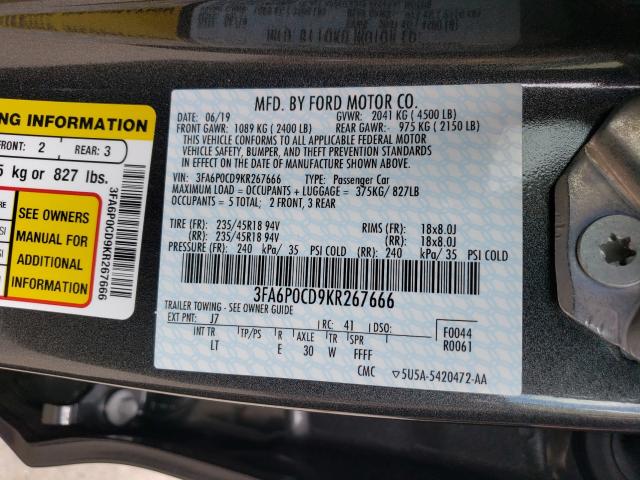 2019 FORD FUSION SEL 3FA6P0CD9KR267666