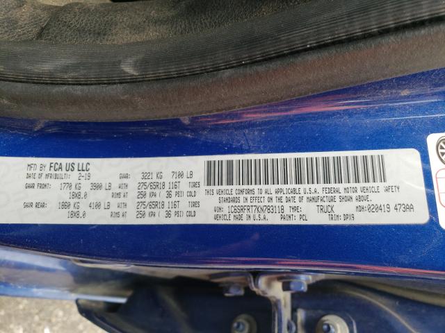 2019 RAM 1500 LARAM 1C6SRFRT7KN783118