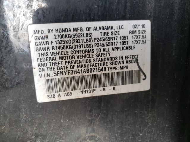 2010 HONDA PILOT EX 5FNYF3H41AB021548