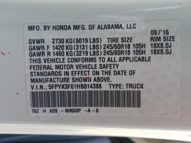 2017 HONDA RIDGELINE 5FPYK3F61HB014388
