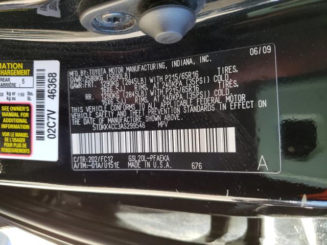 2010 TOYOTA SIENNA CE 5TDKK4CC3AS299546