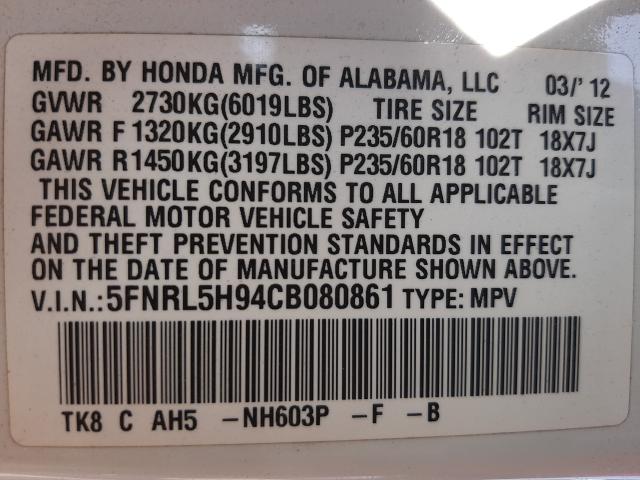 2012 HONDA ODYSSEY TO 5FNRL5H94CB080861