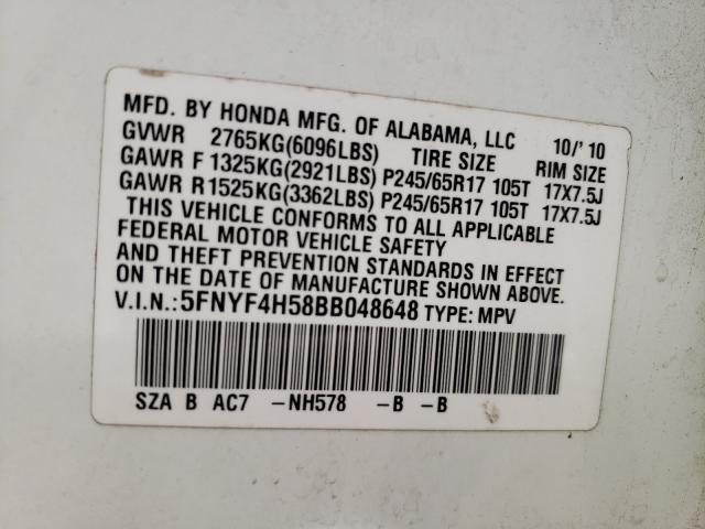 2011 HONDA PILOT EXL 5FNYF4H58BB048648