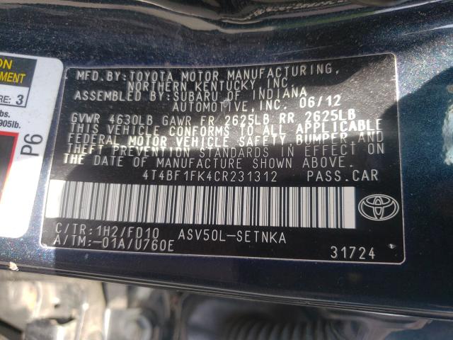 2012 TOYOTA CAMRY BASE 4T4BF1FK4CR231312