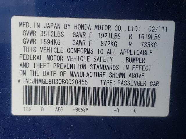 2011 HONDA FIT JHMGE8H30BC020455