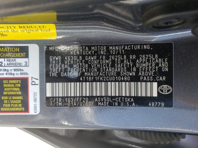 2012 TOYOTA CAMRY BASE 4T1BF1FK2CU010480