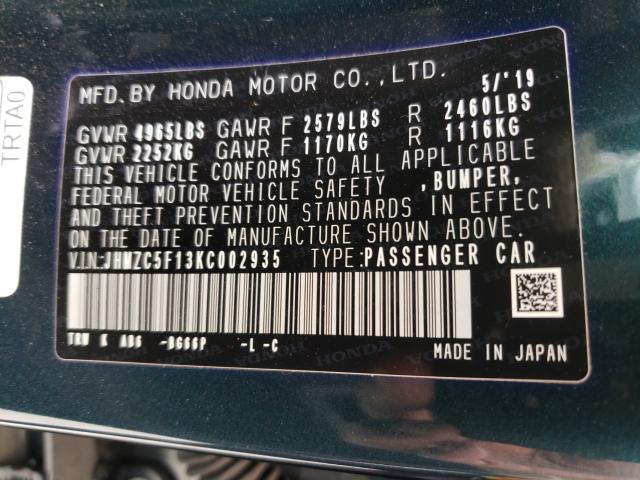 2019 HONDA CLARITY JHMZC5F13KC002935