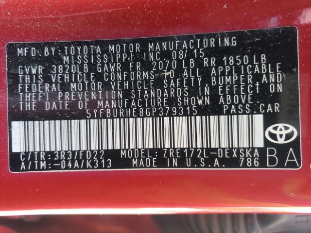 2016 TOYOTA COROLLA L 5YFBURHE8GP379315