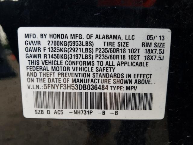 2013 HONDA PILOT EXL 5FNYF3H53DB036484