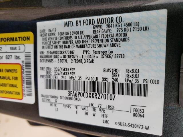 2019 FORD FUSION SEL 3FA6P0CDXKR270107