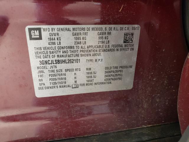 2017 CHEVROLET TRAX 1LT 3GNCJLSB9HL262101