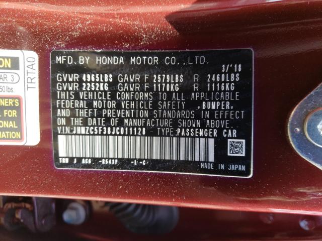 2018 HONDA CLARITY TO JHMZC5F38JC011128
