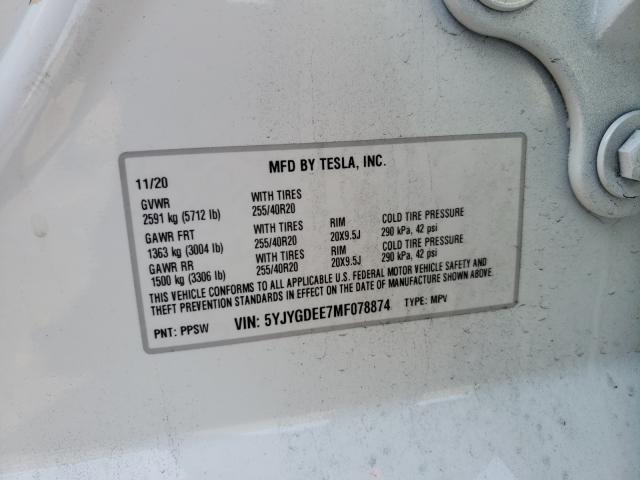 2021 TESLA MODEL Y 5YJYGDEE7MF078874