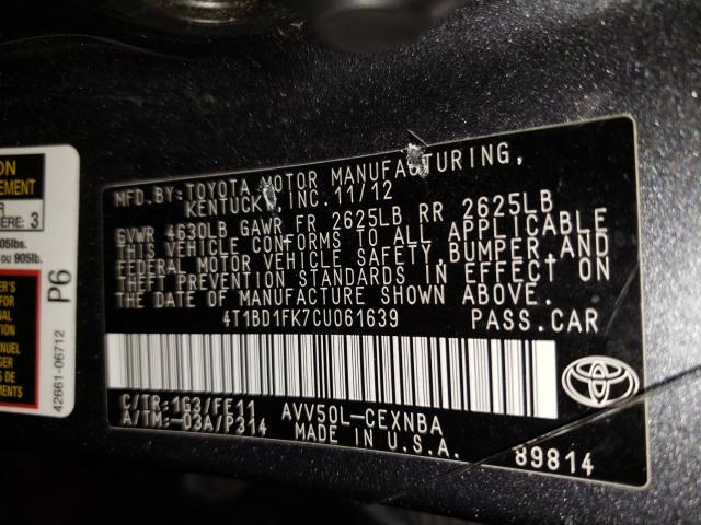 2012 TOYOTA CAMRY HYBR 4T1BD1FK7CU061639