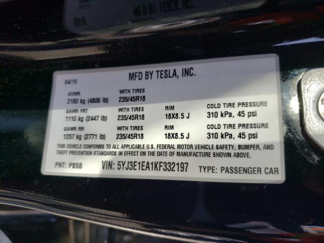 2019 TESLA MODEL 3 5YJ3E1EA1KF332197