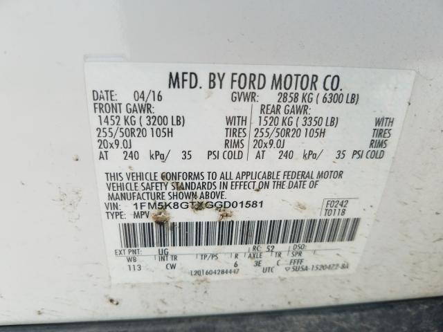2016 FORD EXPLORER S 1FM5K8GTXGGD01581