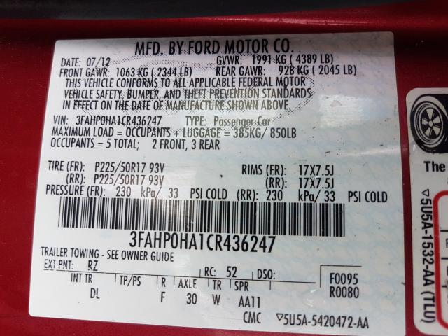 2012 FORD FUSION SE 3FAHP0HA1CR436247