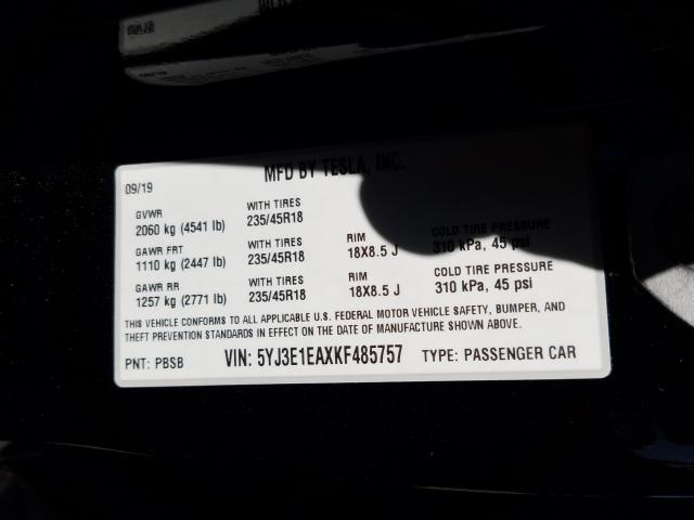 2019 TESLA MODEL 3 5YJ3E1EAXKF485757