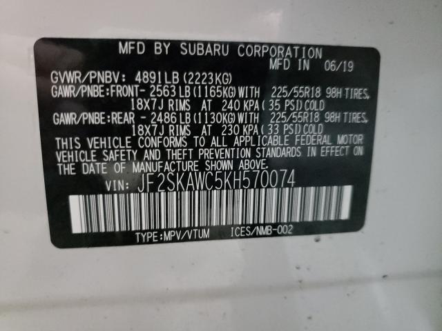 2019 SUBARU FORESTER T JF2SKAWC5KH570074