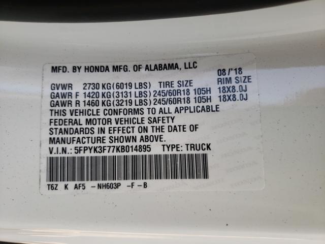2019 HONDA RIDGELINE 5FPYK3F77KB014895