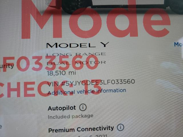 2020 TESLA MODEL Y 5YJYGDEE3LF033560