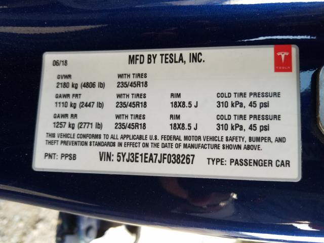 2018 TESLA MODEL 3 5YJ3E1EA7JF038267