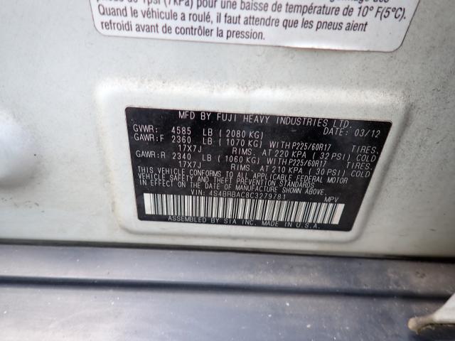 2012 SUBARU OUTBACK 2. 4S4BRBAC8C3279781