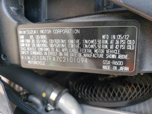 2012 SUZUKI GSX-R600 JS1GN7FA7C2101094