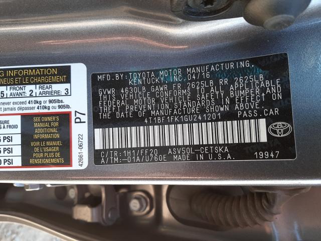 2016 TOYOTA CAMRY LE 4T1BF1FK1GU241201