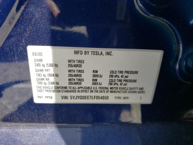 2020 TESLA MODEL Y 5YJYGDEE7LF054850