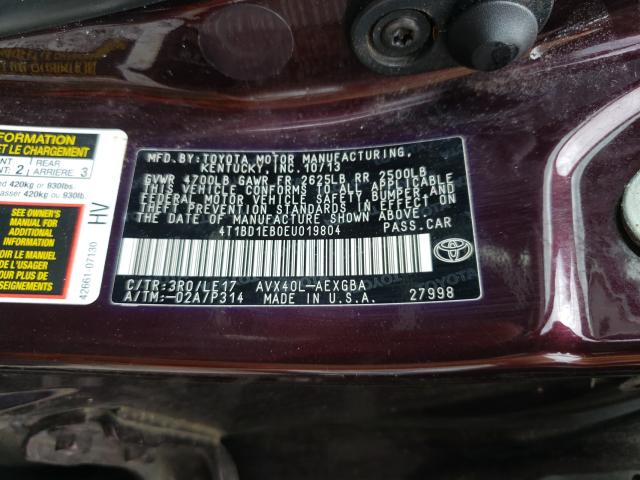 2014 TOYOTA AVALON HYB 4T1BD1EB0EU019804