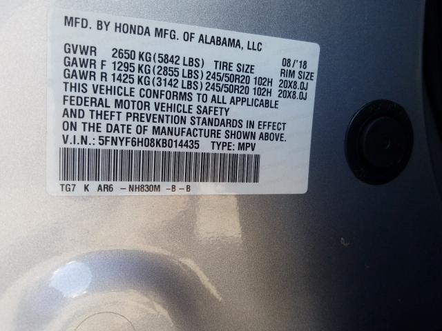 2019 HONDA PILOT ELIT 5FNYF6H08KB014435