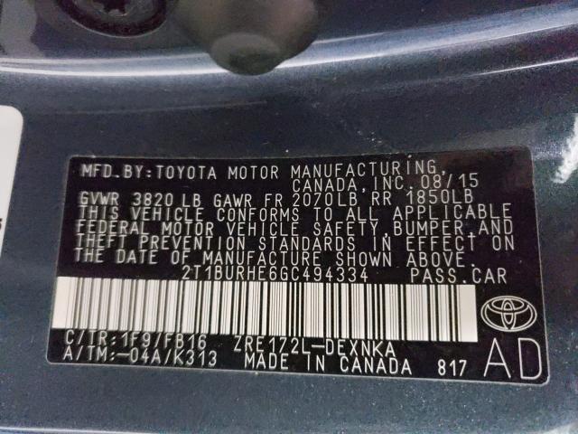 2016 TOYOTA COROLLA L 2T1BURHE6GC494334