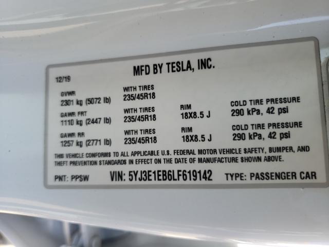 2020 TESLA MODEL 3 5YJ3E1EB6LF619142