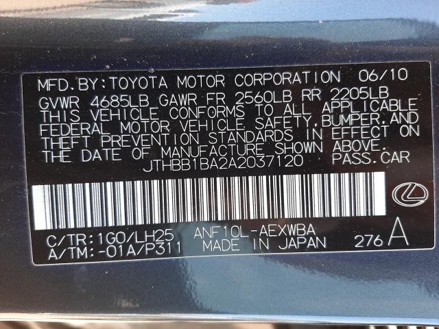 2010 LEXUS HS 250H JTHBB1BA2A2037120