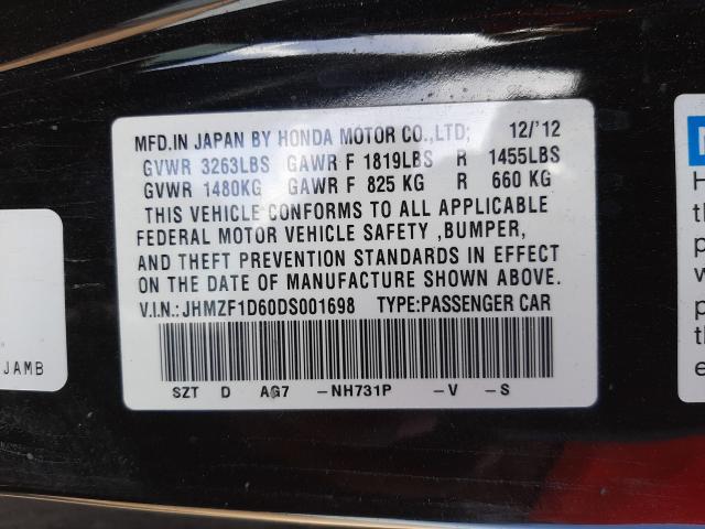 2013 HONDA CR-Z EX JHMZF1D60DS001698