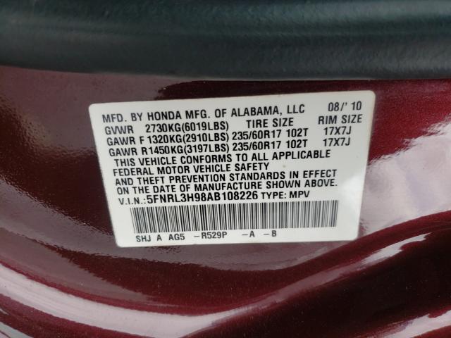 2010 HONDA ODYSSEY TO 5FNRL3H98AB108226