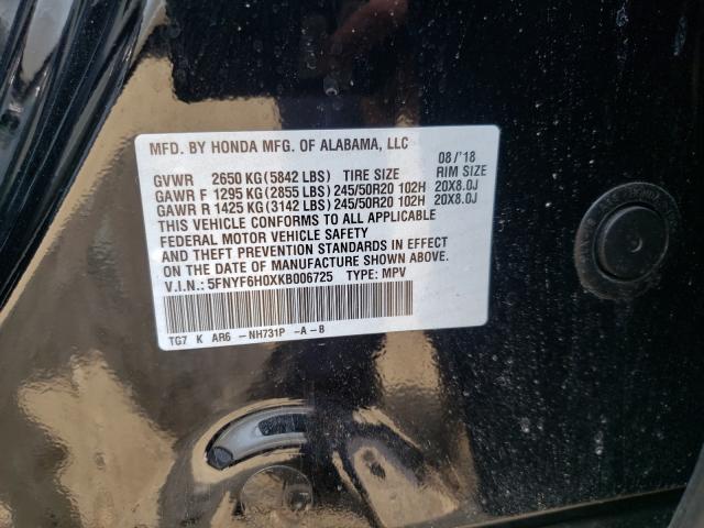 2019 HONDA PILOT ELIT 5FNYF6H0XKB006725