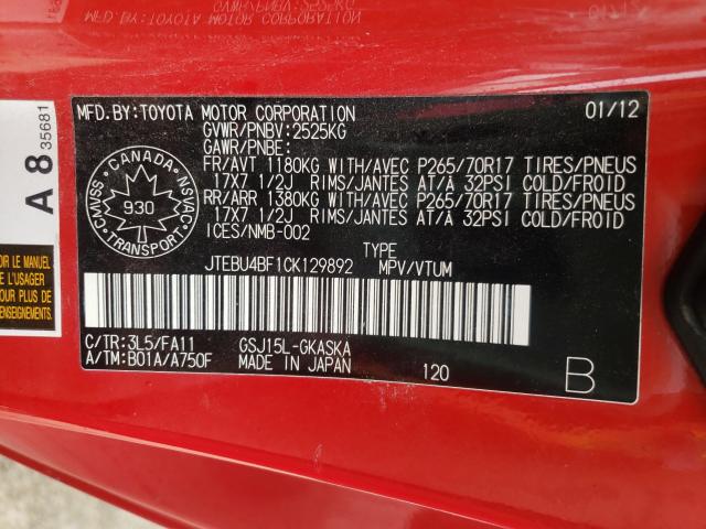 2012 TOYOTA FJ CRUISER JTEBU4BF1CK129892