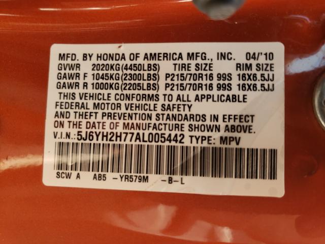 2010 HONDA ELEMENT EX 5J6YH2H77AL005442