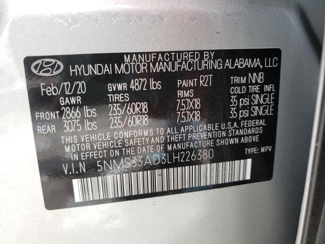 2020 Hyundai Santa Fe Sel VIN: 5NMS33AD3LH226380 Lot: 50725744