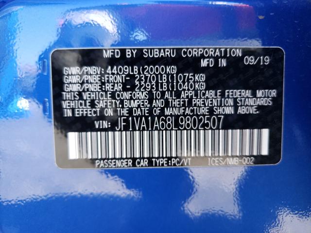 2020 SUBARU WRX JF1VA1A68L9802507