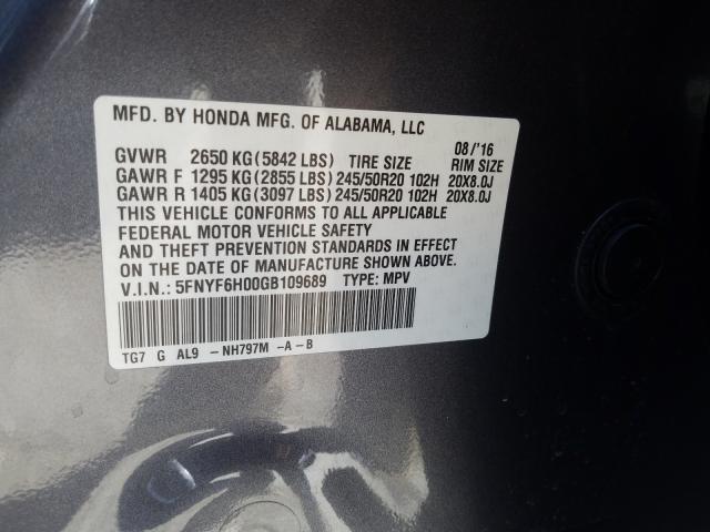 2016 HONDA PILOT ELIT 5FNYF6H00GB109689