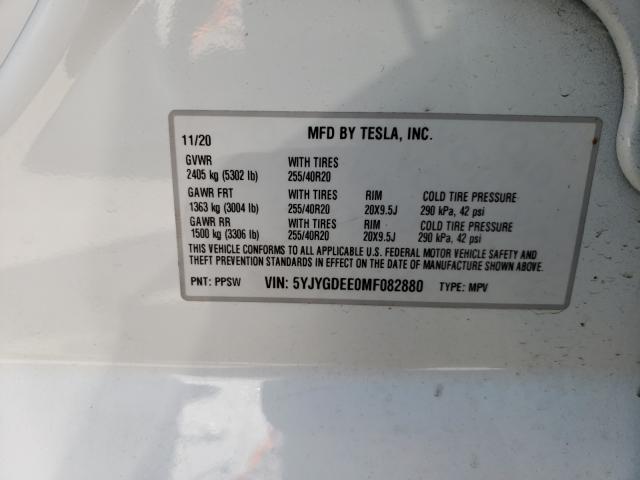 2021 TESLA MODEL Y 5YJYGDEE0MF082880