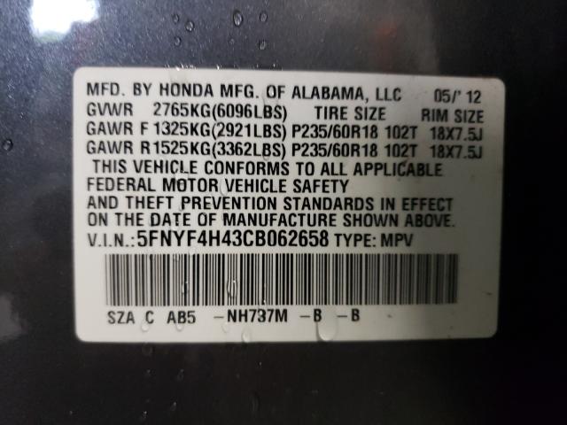 2012 HONDA PILOT EX 5FNYF4H43CB062658