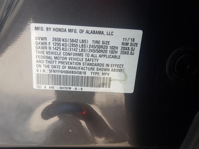 2019 HONDA PILOT ELIT 5FNYF6H06KB045618