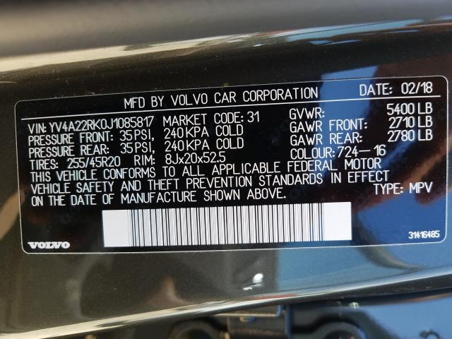 2018 VOLVO XC60 T6 MO YV4A22RK0J1085817
