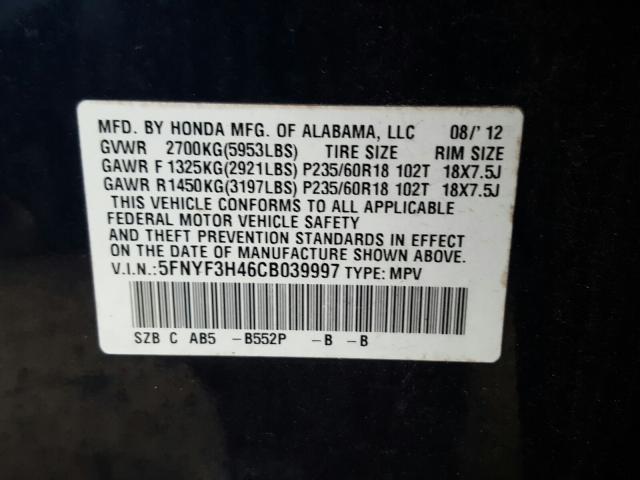 2012 HONDA PILOT EX 5FNYF3H46CB039997